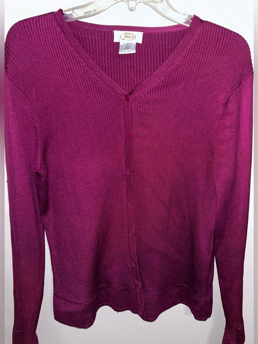 Talbots Silk Cardigan Sweater Womens L Cranberry Burgundy Ribbed Buttons Classic